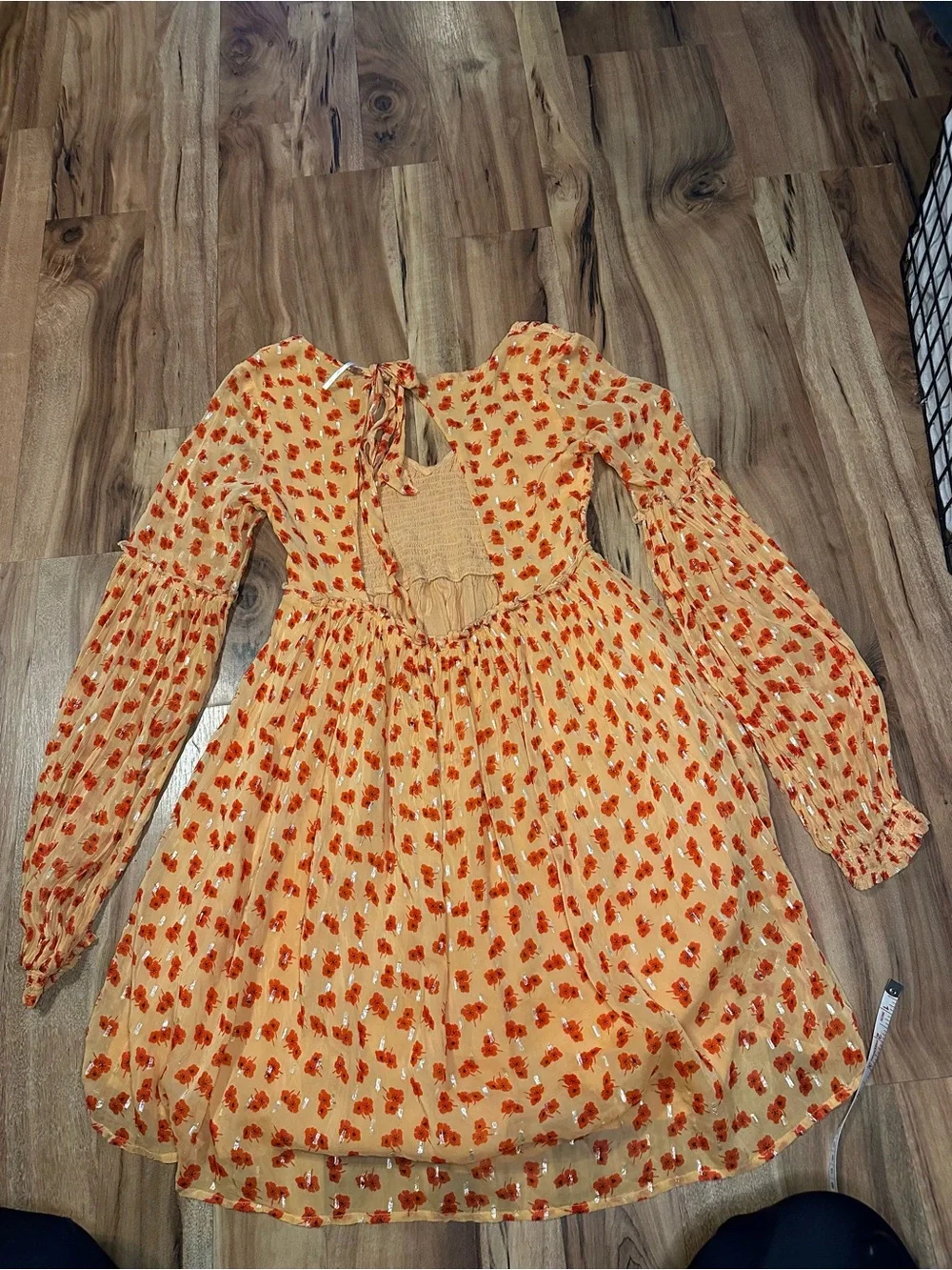 Free People M Golden Orange Floral Mini Dress Smocked Metallic Long Sleeve Boho
